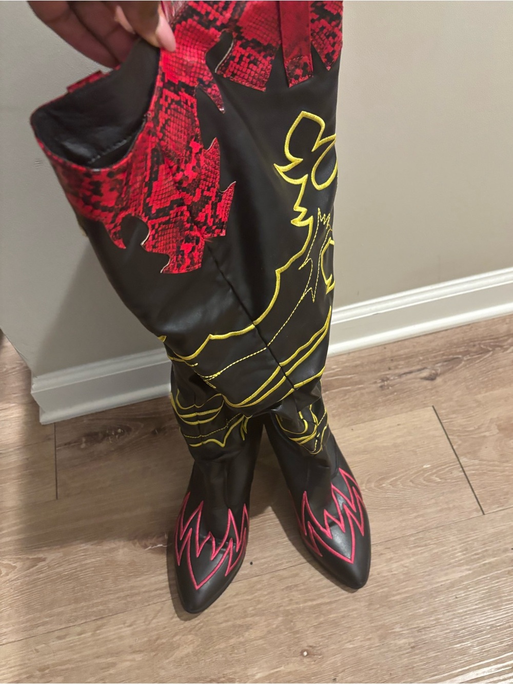 Cape Robbin Black Over-the-Knee Boots with Red & Yellow Accents
